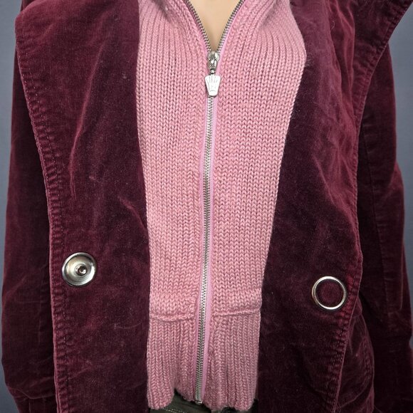 Y2K Lady Dutch Fitted Jacket Coat Size L Burgundy Corduroy Pink Knit Hooded - Picture 6 of 16
